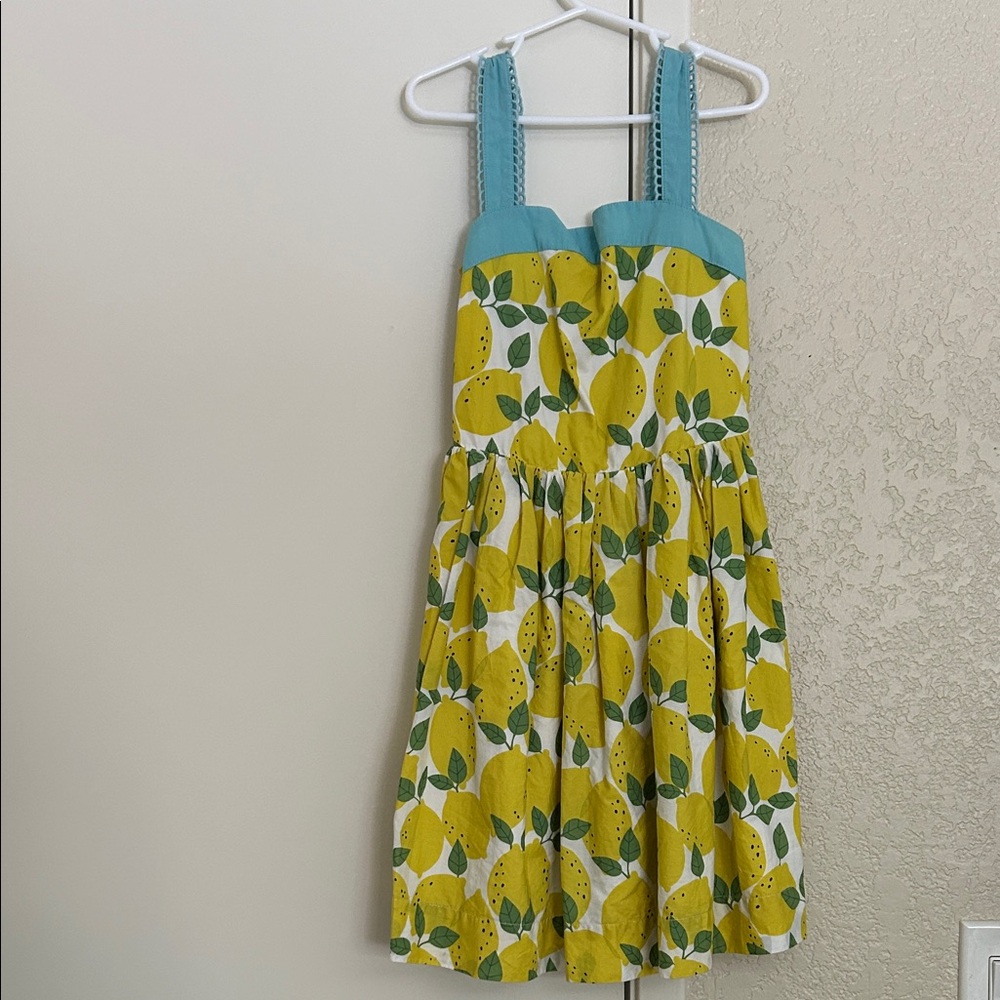 Mini Boden Girls 9-10 Yellow Lemon Print Sundress with Blue Trim